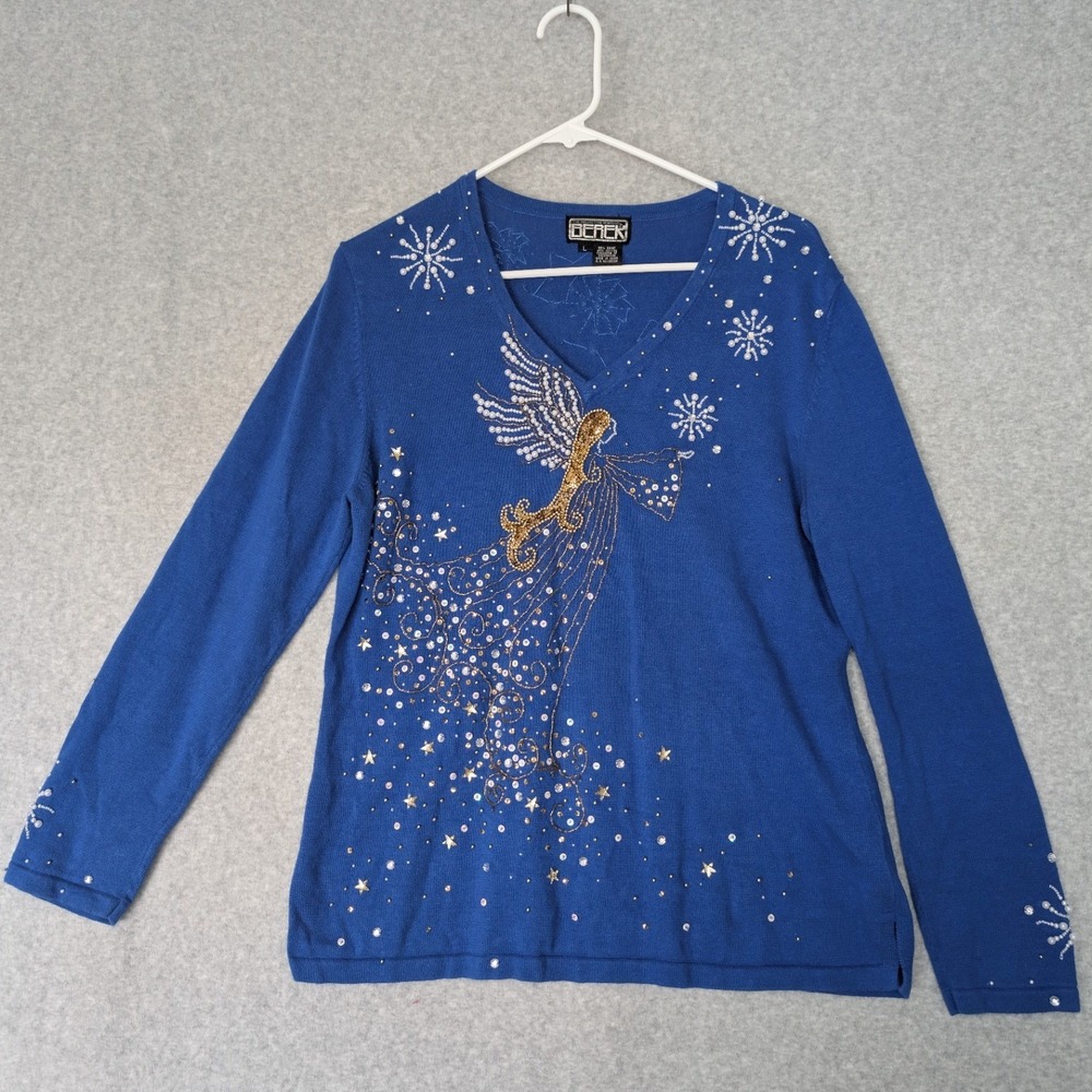 Berek‎ Blue Beaded Angel Christmas Sweater Womens Large Ramie Kitschy Beaded